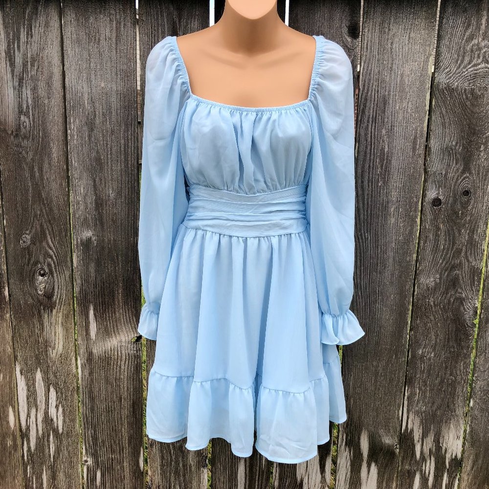 Exlura Baby Blue Mini Dress Lantern Sleeves Tie Back Ruched Waist Size S